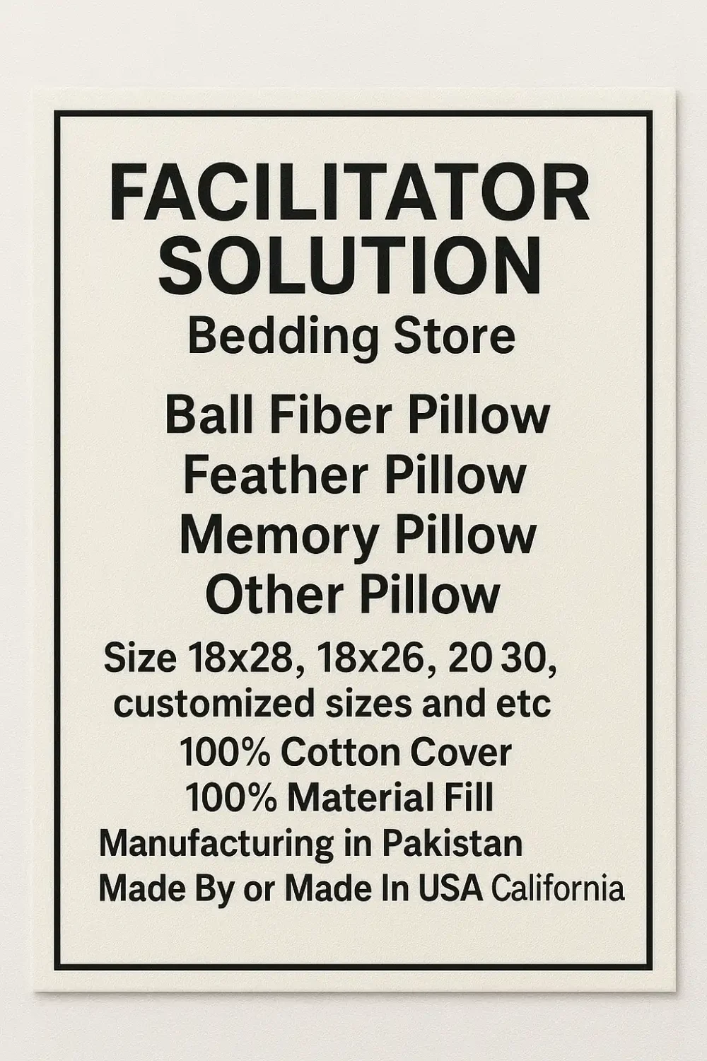 Bedding Label – The Facilitator Solutions – Hungarian Goose Down Pillow USA