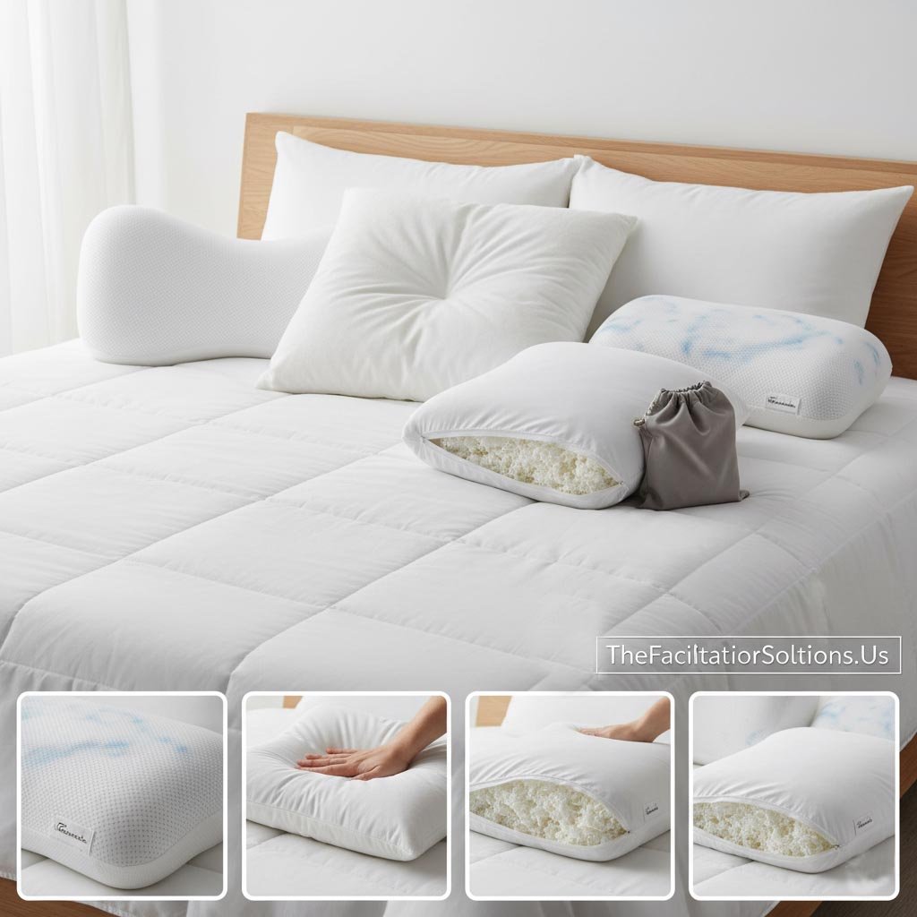 Assortment of white bed pillows, including memory foam, ergonomic neck support, and shredded foam pillows, on a clean bed, showcasing home bedding products from TheFacilitatorsoltions.Us.